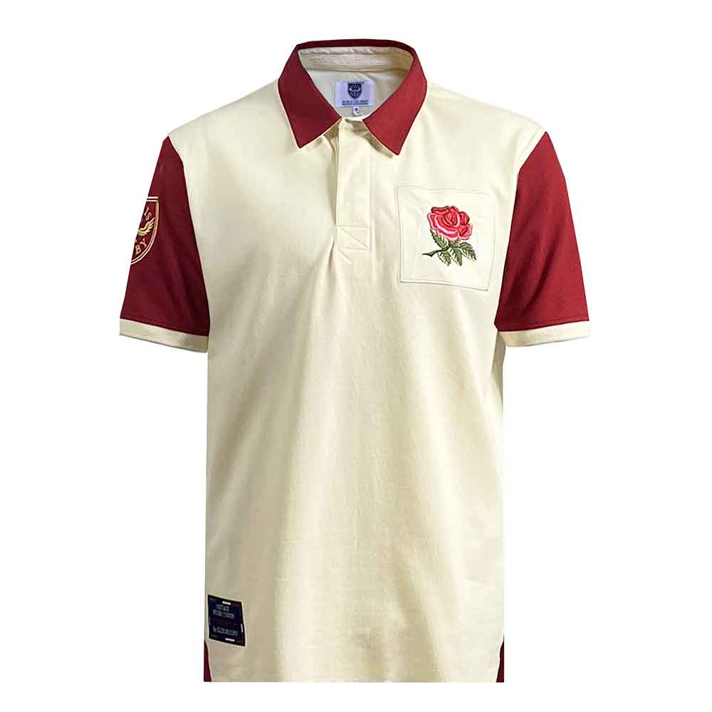 Polo rugby vintage Inghilterra 1923, color crema con maniche bordeaux e rosa ricamata.