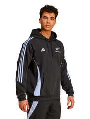 Felpa con cappuccio Adidas All Blacks rugby 2025 nera con dettagli azzurri.