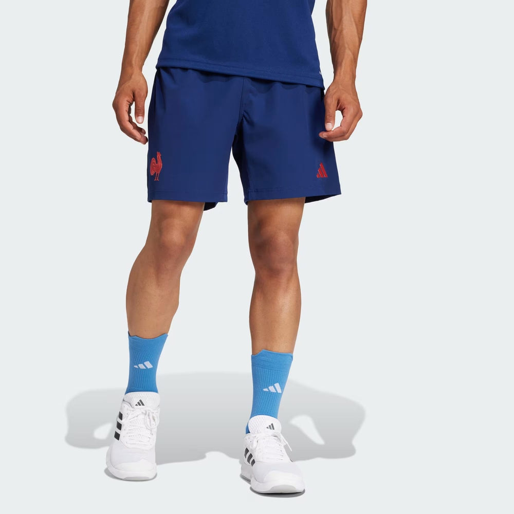 Pantaloncini da rugby Adidas Francia Away ufficiali blu con logo Gallico e 3 strisce