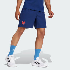Pantaloncini da rugby Adidas Francia Away blu con logo gallo rosso.