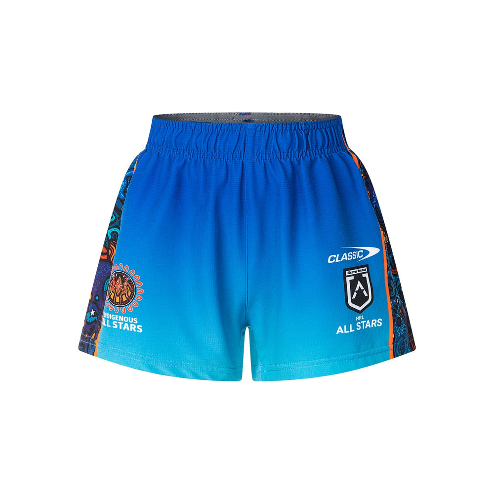 Pantaloncini da gioco NRL Indigenous All Stars 2025: classici pantaloncini da rugby blu con design Indigenous All Stars.