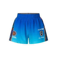 Pantaloncini da gioco NRL Indigenous All Stars 2025: classici pantaloncini da rugby blu con design Indigenous All Stars.
