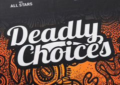 Maglia NRL Indigenous All Stars 2025: design Deadly Choices, nero e arancione, opera d'arte aborigena