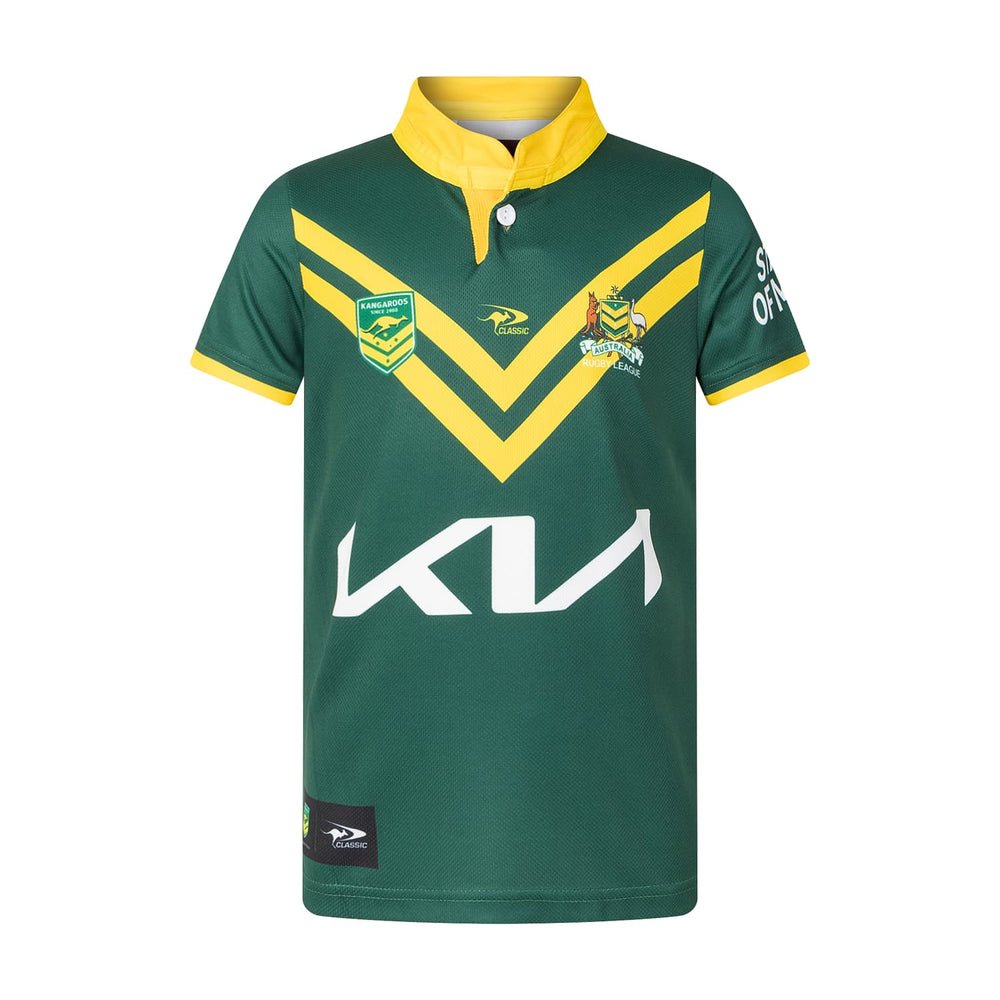 Maglia rugby Australia Kangaroos verde e gialla, sponsor KIA, stagione 2025.