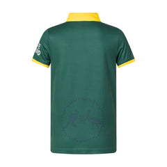 Maglia rugby Australia verde con colletto giallo, dettaglio canguro e emù sul retro.