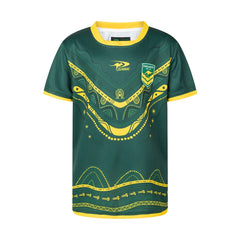 Maglia rugby bambini Australia Kangaroos NRL Indigenous verde e gialla