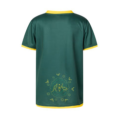 Maglia Rugby Australia Kangaroos bambino verde con stampa indigena sul retro.