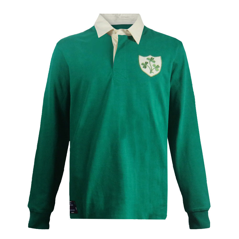 Maglia da rugby vintage dell'Irlanda: maglia da rugby verde a maniche lunghe con stemma a forma di trifoglio, design classico.