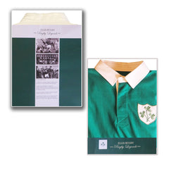 Maglia Rugby Irlanda Vintage: Maglia da rugby irlandese vintage da collezione in verde con l'emblema del trifoglio. Presentata in una scatola con foto storiche.