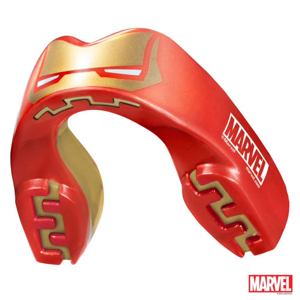 Paradenti Marvel Iron Man SafeJawz: paradenti sportivo rosso e oro con design di Iron Man. Attrezzatura protettiva per atleti.