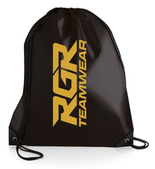 Sacca da palestra RGR Teamwear in nylon nero con logo giallo.