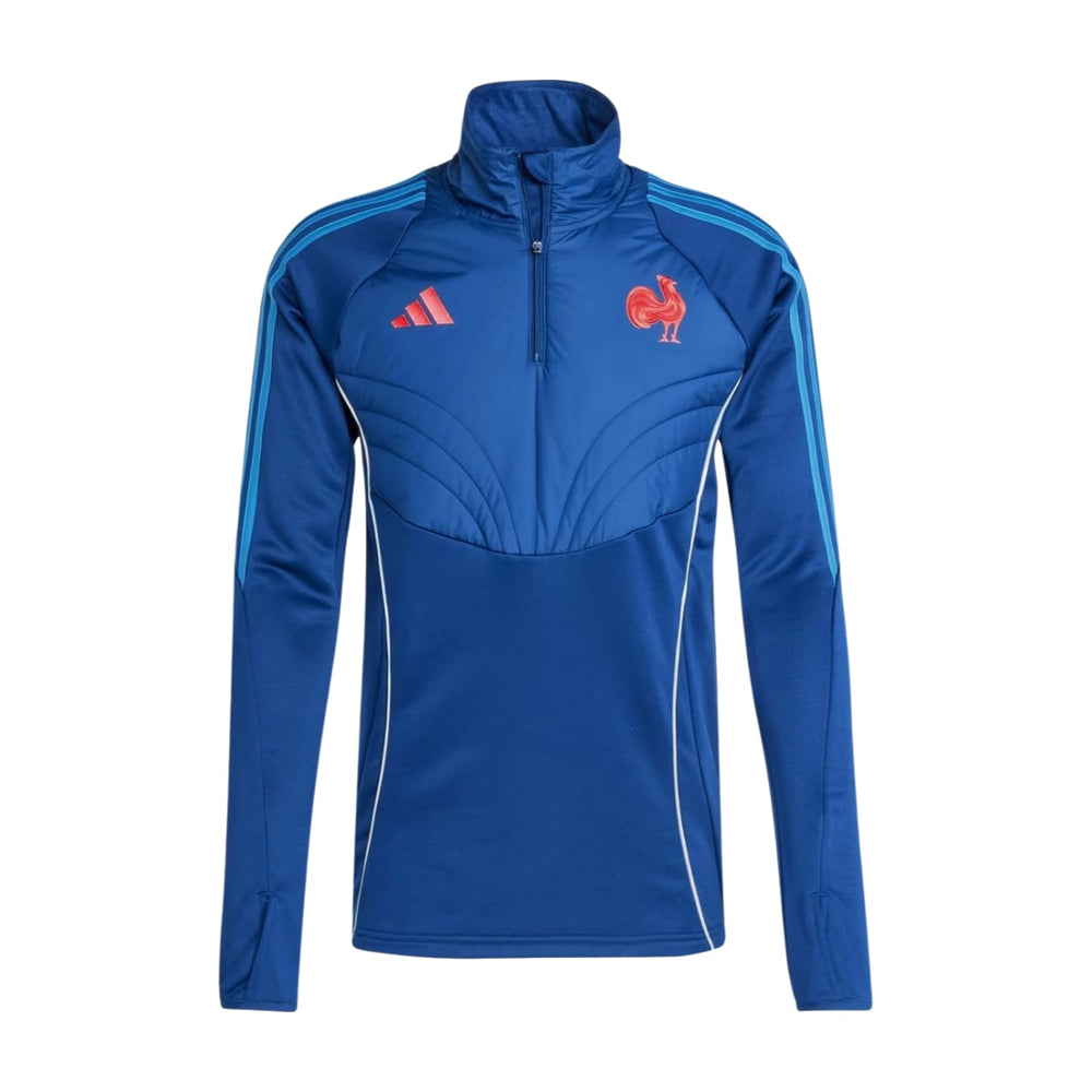 Felpa tecnica Adidas da rugby Francia blu con logo gallo e strisce blu.