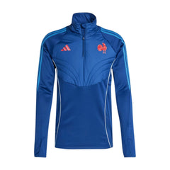 Felpa tecnica Adidas da rugby Francia blu con logo gallo e strisce blu.