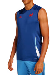 Canottiera rugby Adidas ufficiale Francia blu con logo gallo rosso.