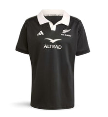 Maglia da rugby All Blacks Home 2025 Adidas nera con colletto bianco.