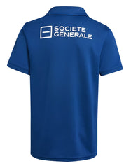 Polo Adidas blu royal, vista posteriore, con logo Société Générale. Maglia da rugby francese per bambini, stagione 2025