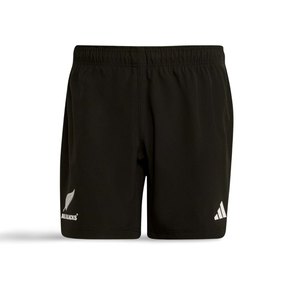Pantaloncini da rugby Adidas All Blacks neri, gara 2026, con logo.