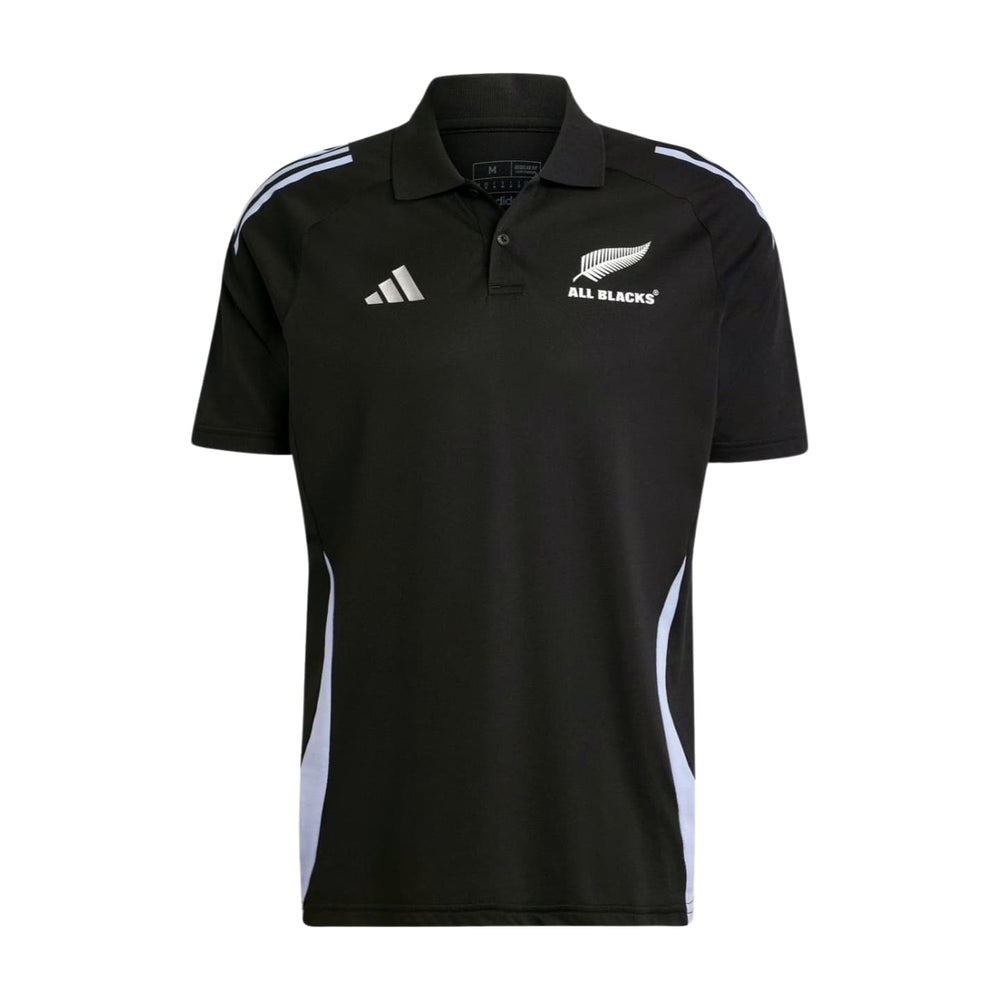 Polo da rugby nera All Blacks 2025 con logo bianco e strisce Adidas.