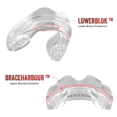 Paradenti Safejawz ORTHO Clear: protezione inferiore e canale per bracket superiori.