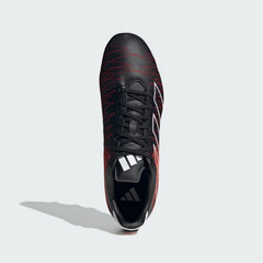 Scarpino da rugby Adidas Kakari elite SG nero con dettagli rossi e logo bianco.