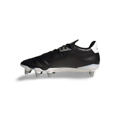 Scarpino da rugby Adidas Kakari SG nero con dettagli metallici e tacchetti avvitabili.