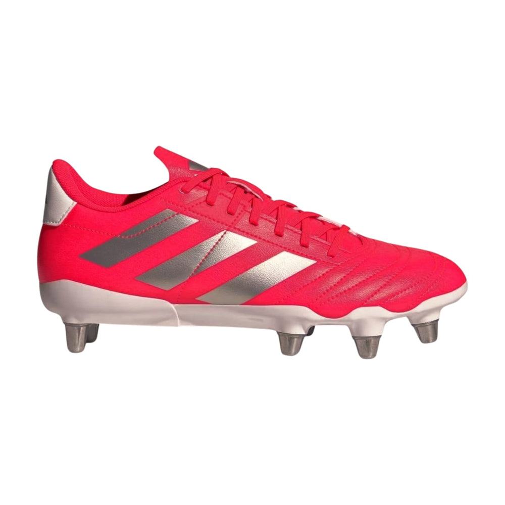 Scarpe da rugby Adidas Kakari SG: scarpe da rugby rosa lucido con strisce argentate. Perfette per il campo.