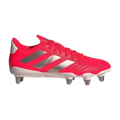 Scarpe da rugby Adidas Kakari SG: scarpe da rugby rosa lucido con strisce argentate. Perfette per il campo.