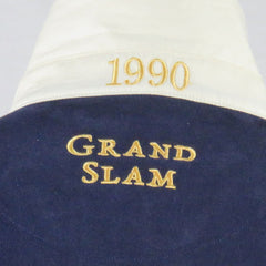 Maglia da rugby vintage della Scozia: maglia blu navy ricamata Grand Slam del 1990 con colletto bianco.