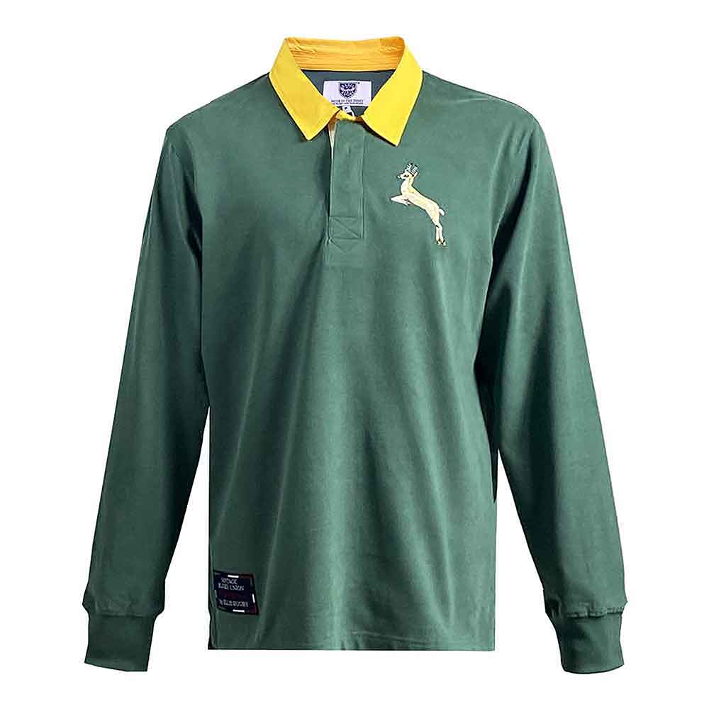 Maglia Rugby Vintage Sud Africa: Maglia da rugby verde a maniche lunghe con colletto giallo e ricamo raffigurante lo springbok.