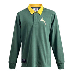 Maglia Rugby Vintage Sud Africa: Maglia da rugby verde a maniche lunghe con colletto giallo e ricamo raffigurante lo springbok.