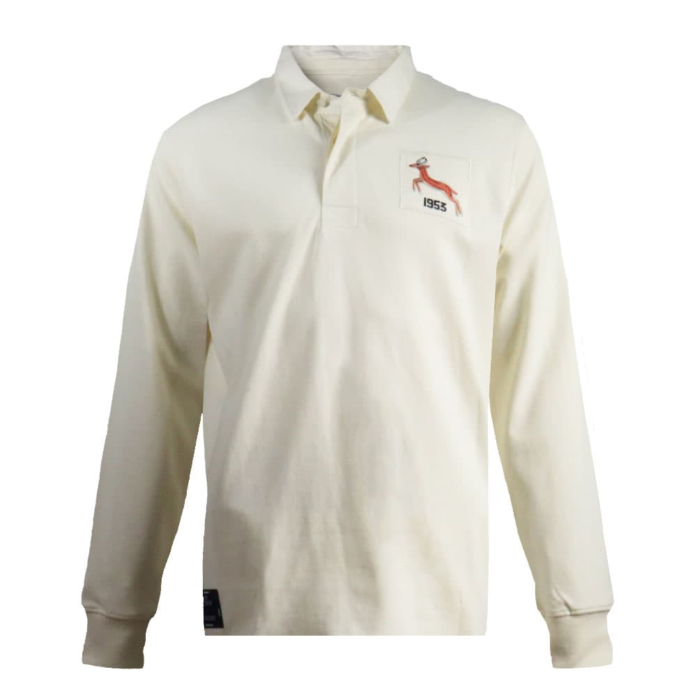 Maglia Rugby Vintage Sud Africa 1953: Maglia da rugby a maniche lunghe color crema, design vintage del Sud Africa del 1953