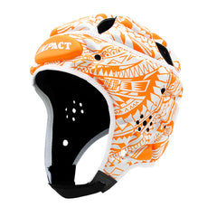 Caschetto da rugby Impact, design Maori arancione e bianco, protegge la testa.