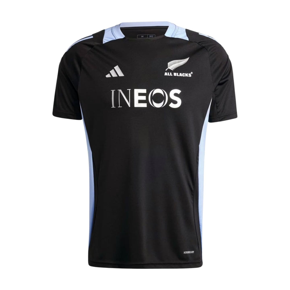 Maglia da rugby All Blacks 2025 nera con inserti azzurri e logo INEOS.