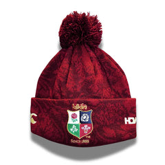 Zuccotto British & Irish Lions bordo pom pom: berretto da rugby rosso con pompon, decorato con l'emblema dei British & Irish Lions. Perfetto per l'inverno.