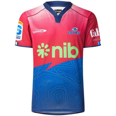 Maglia rugby Blues Super Rugby Pacific Home TR2 2025 da ragazzo, rossa e blu.
