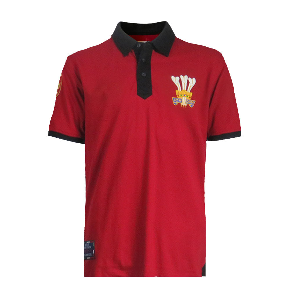 Maglietta polo rugby Galles vintage rossa con stemma ricamato.