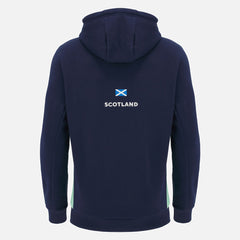 Felpa con cappuccio Scotland Rugby Travel 2025: felpa invernale blu navy con pannelli laterali verdi, perfetta per i tifosi di rugby della Scozia.
