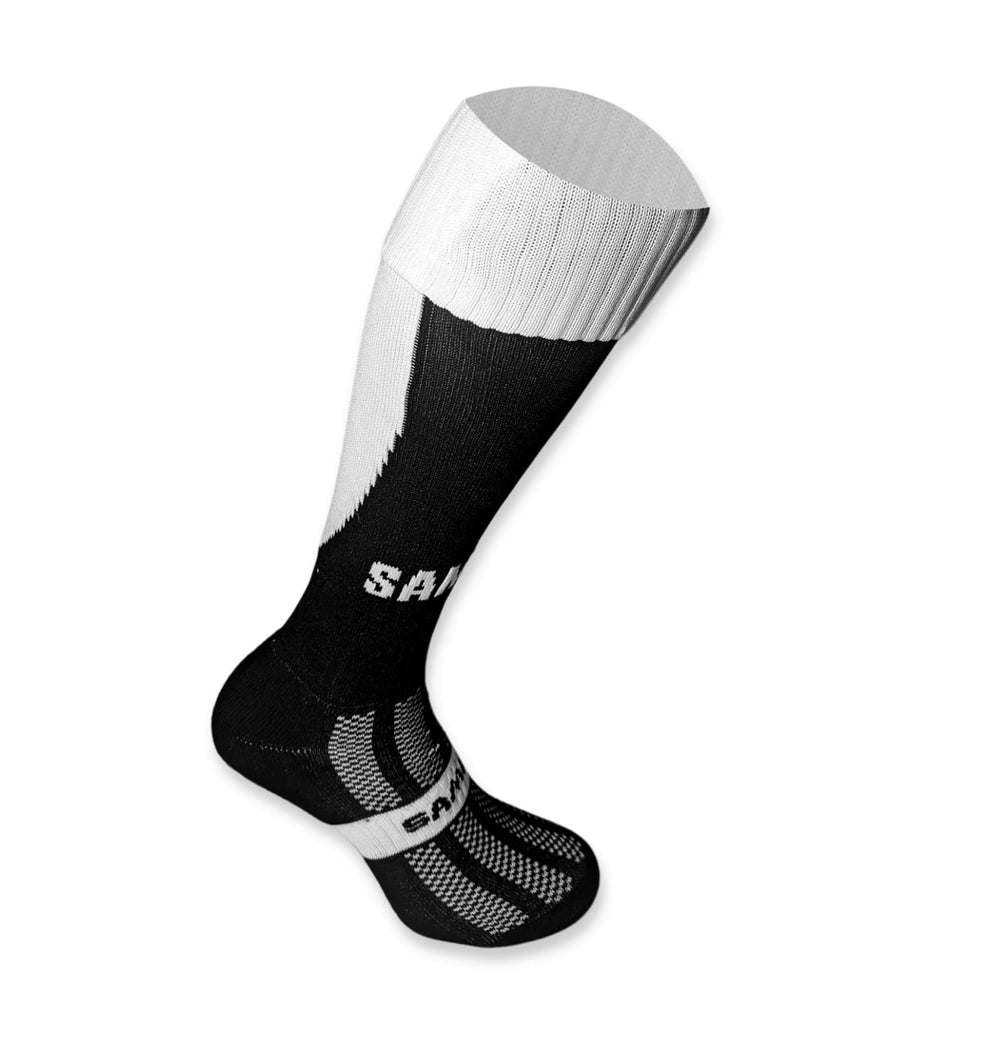 Calza da rugby professionale Samurai Tri Nation nera e bianca, alta fino al ginocchio.