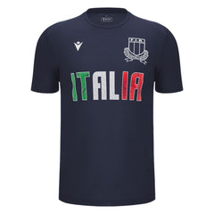 Maglia da tifoso Italia Rugby Macron blu con scudo F.I.R. e scritta Italia.