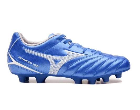Scarpino da calcio Mizuno Monarcida NEO Select MD azzurro con tomaia sintetica.