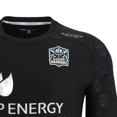 Maglia da rugby autentica Glasgow Warriors 2023 Home: maglia nera Macron con logo della squadra, marchio dello sponsor e maniche lunghe.
