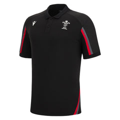 Polo da rugby nera del Galles: polo da viaggio ufficiale WRU 2023, in poliestere, con dettagli rossi e grigi.