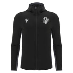 Felpa da rugby Barbarians nera con zip lunga e cappuccio, logo bianco sul petto.