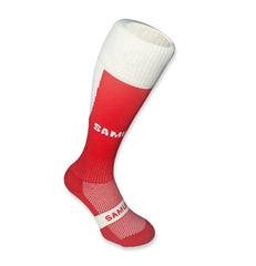 Calza da rugby professionale Samurai Tri Nation, rosso e bianco, con logo visibile.