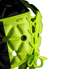 Casco da rugby Gilbert AIR: casco da rugby imbottito verde lime e nero con calotta protettiva e lacci regolabili.
