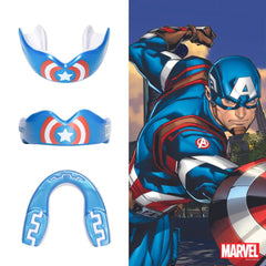 Paradenti Safejawz Capitan America blu con scudo, design Marvel per sport da contatto.