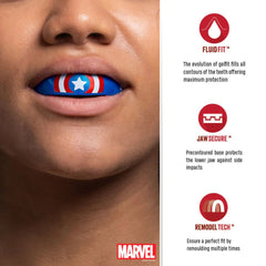 Paradenti Safejawz Capitan America, blu con design a stella, per la massima protezione.