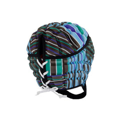 Caschetto da rugby Canterbury RAZE Ugly Verde con lacci bianchi e fantasia a righe multicolori.