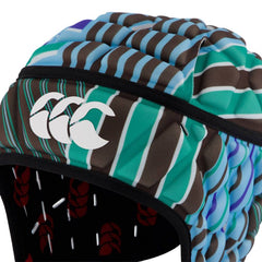 Caschetto da rugby Canterbury RAZE Ugly Verde con design a righe multicolore.