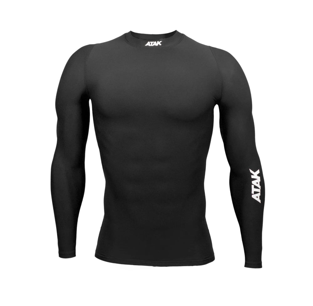 Maglia a compressione nera ATAK con logo bianco, base layer uomo.